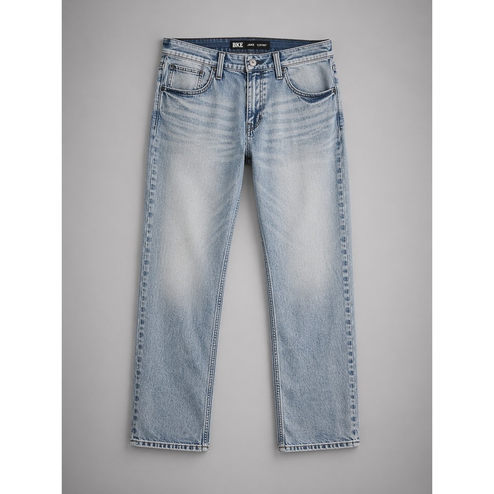 BKE Jake Jeans Mens 36x31 Straight Fit Light Wash Distressed Buckle Denim